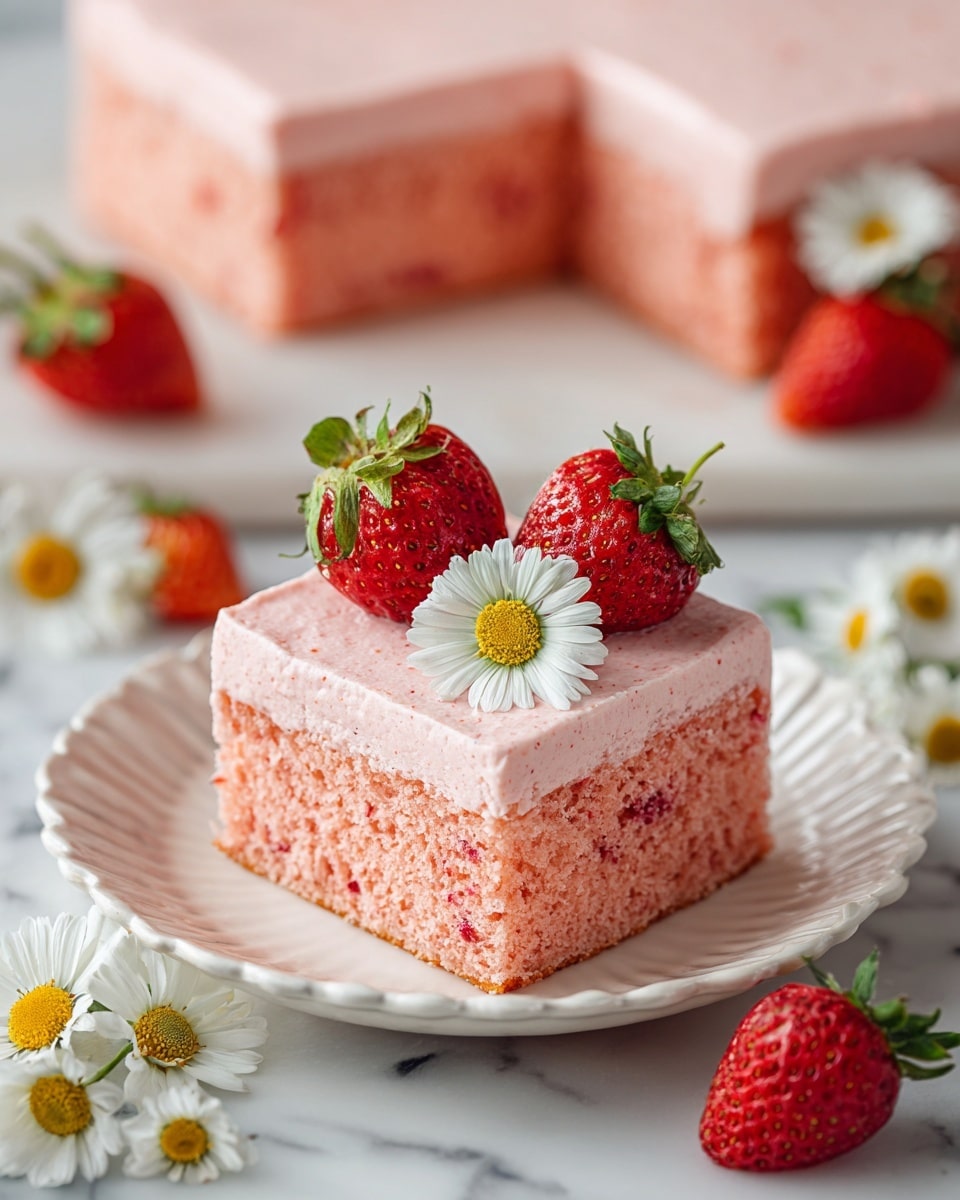 A single square piece of light pink strawberry cake with visible berry bits in the sponge sits in the center of a white scalloped plate. The cake has two main layers: a fluffy, moist light pink base sponge and a thick, creamy, and slightly textured bright pink strawberry frosting on top. The frosting is decorated with two fresh, shiny red strawberries and a small white daisy flower with a yellow-green center. Behind this piece, a larger rectangular cake with the same two-layer look is visible on a white marbled surface. Around the plate, fresh strawberries and small white daisies are scattered. Photo taken with an iphone --ar 4:5 --v 7