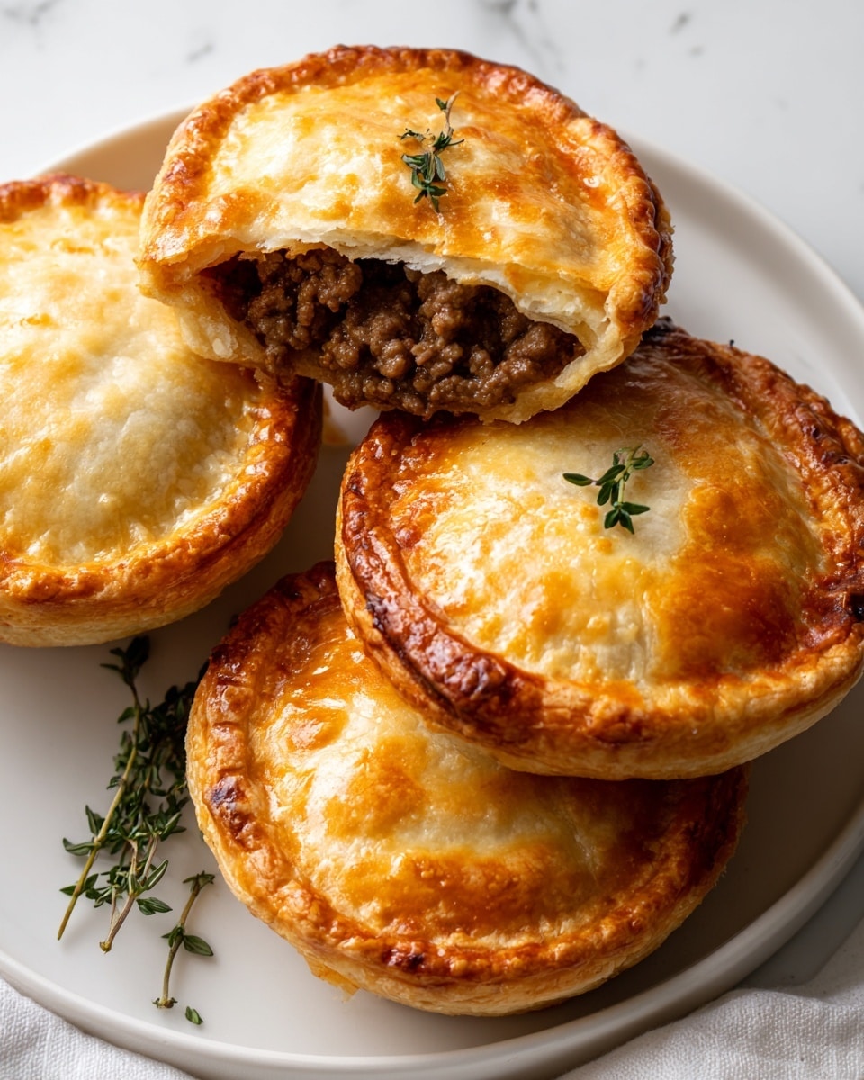 The image shows four golden brown meat pies with flaky, crispy crusts stacked on a white plate set on a white marbled surface. Each pie has a thick crust base that is puffed up and light golden in color. Two pies have smooth tops with a shiny, browned finish and a small sprig of green herb on top, while the other two pies reveal a rich, crumbly ground meat filling visible through the top crust that is slightly cracked open. The flaky layers of the crust look light and airy, with some edges showing darker, well-cooked browning. photo taken with an iphone --ar 4:5 --v 7