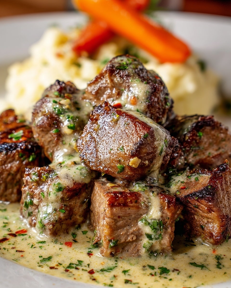 The dish shows many pieces of browned, grilled meat cubes covered with a creamy sauce mixed with finely chopped green herbs, all stacked closely on a white plate. The meat cubes have a rich, caramelized surface with some char marks giving texture and depth. In the background, there is a blurred portion of creamy mashed potatoes with a few slices of bright orange carrots, adding soft colors and contrast to the dish. The sauce pools slightly around the bottom edges of the meat, enhancing the glossy look of the entire meal. The photo taken with an iphone --ar 4:5 --v 7