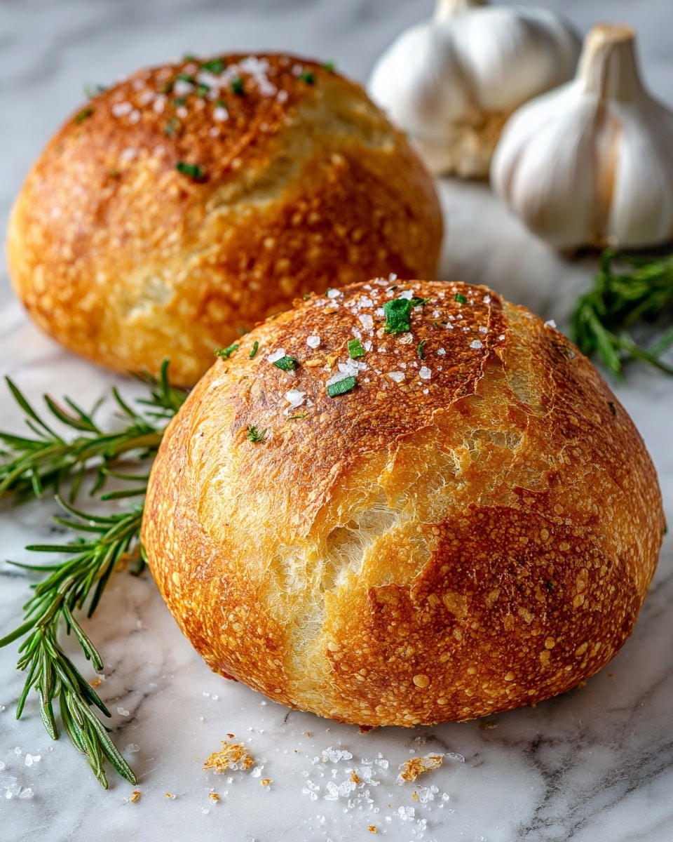 Two round bread loaves with golden-brown crusts sit on a white marbled surface, each topped with coarse salt and small green herb pieces, likely rosemary. The crusts have a shiny, slightly cracked texture, showing a soft inside with light yellow and white tones. In the background, blurred garlic bulbs and fresh rosemary sprigs add a rustic touch. The lighting highlights the crunchy texture and fresh herbs on the bread. Photo taken with an iphone --ar 4:5 --v 7