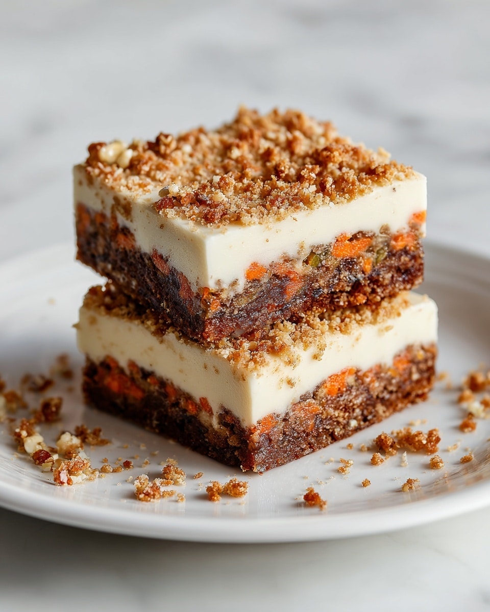 Two square pieces of layered dessert are stacked on a white plate placed on a white marbled surface. Each piece has three visible layers: the bottom and middle layers are a dark brown mix with chunks of orange bits and nuts, appearing moist and textured. The top layer is pale cream-colored, smooth, and thick, with bits of orange carrot mixed in. The top surface of the upper piece is sprinkled with coarse, golden-brown crumbs that add a crunchy texture. The dessert looks moist and rich, with crumb pieces scattered on the plate around the stack. Photo taken with an iphone --ar 4:5 --v 7