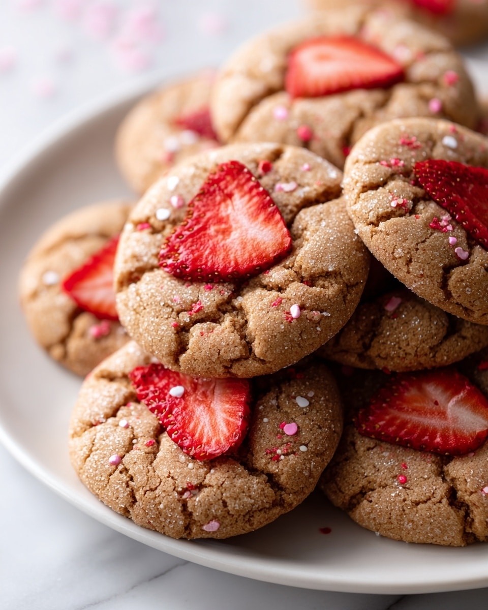 A close-up view of several round cookies stacked and overlapping each other on a white plate, each cookie light brown with a cracked texture and small red specks scattered throughout. On top of some cookies, there are thin, bright red dried strawberry slices adding a pop of color against the soft brown surface. The overall look is homemade and inviting, set against a white marbled texture. photo taken with an iphone --ar 4:5 --v 7
