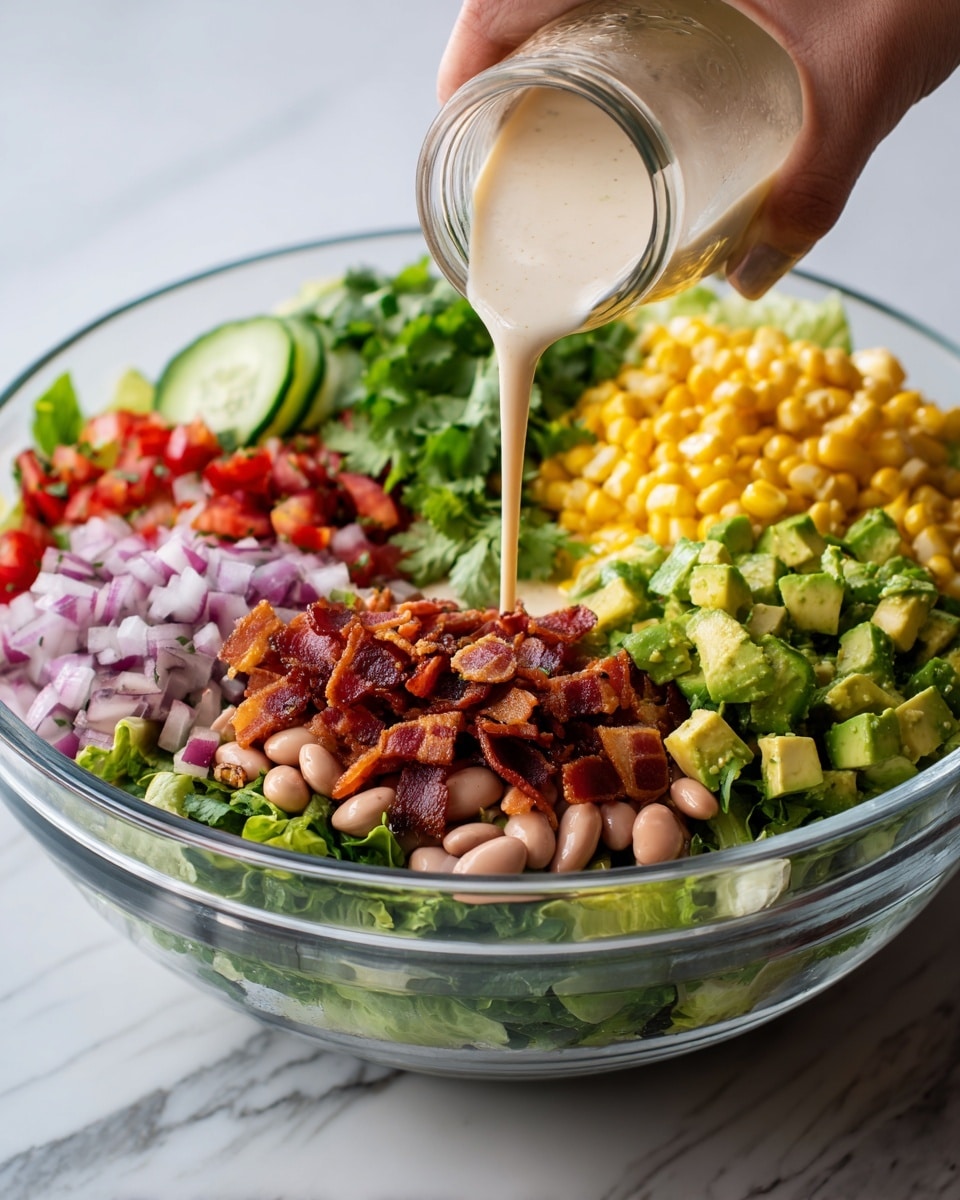 A clear glass bowl filled with layered salad is set on a white marbled surface. The bottom layer is green leafy lettuce, topped with scattered black olives and mixed beans in light brown and pinkish shades. Above that, there is a layer of bright yellow corn with some char marks and small bits of red tomato. Next, evenly spread pieces of diced light green avocado mix with finely chopped purple onions and small red bell pepper cubes. Thin slices of cucumber form a semi-circle on one side of the bowl, while fresh green cilantro leaves are sprinkled throughout. Crispy bits of reddish-brown bacon are placed mainly on top near the front. A creamy light beige dressing is being poured from a glass bottle held by a woman's hand, gently drizzling over the salad. Photo taken with an iphone --ar 4:5 --v 7