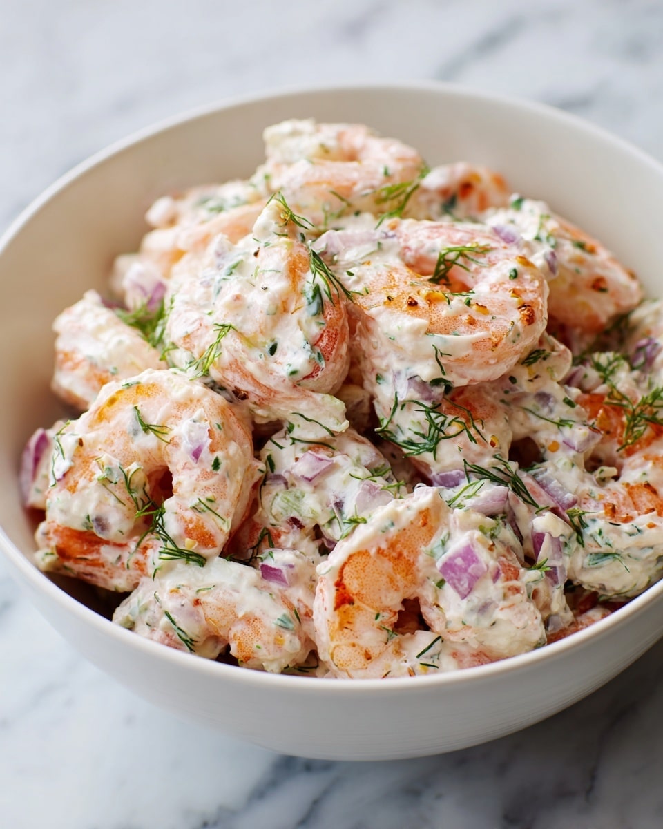 A filled white bowl with a creamy shrimp salad, showing about two layers of medium-sized cooked shrimp that are pink-orange with slight char marks. The shrimp are mixed in with a thick white creamy sauce that has visible green herbs and small pieces of light purple onion mixed evenly throughout, giving texture and color contrast. The bowl sits on a white marbled surface. photo taken with an iphone --ar 4:5 --v 7