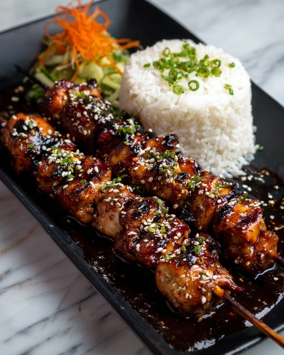 The image shows three wooden skewers of grilled chicken pieces glazed with a shiny dark brown sauce, each piece thick and caramelized with small charred spots. The chicken is sprinkled with white sesame seeds. Behind the skewers is a molded mound of white rice topped with tiny green chopped scallions. On the side, there is a small portion of bright orange shredded carrot and some green vegetable pieces, all arranged on a white plate over a white marbled surface. photo taken with an iphone --ar 4:5 --v 7