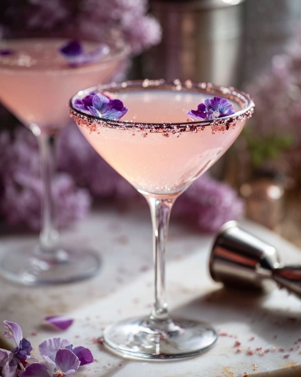 A clear, elegant martini glass filled with a soft pink drink, with a rim coated in dark sugar crystals. On top of the drink, small purple flower petals are placed, adding a delicate touch. The glass sits on a white marbled surface with blurred purple flowers and a metal jigger in the background, creating a cozy, rustic feel. Photo taken with an iphone --ar 4:5 --v 7