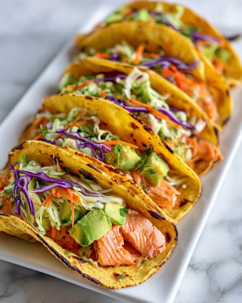 Grilled Salmon Tacos with Avocado Cabbage Carrot Slaw Recipe
