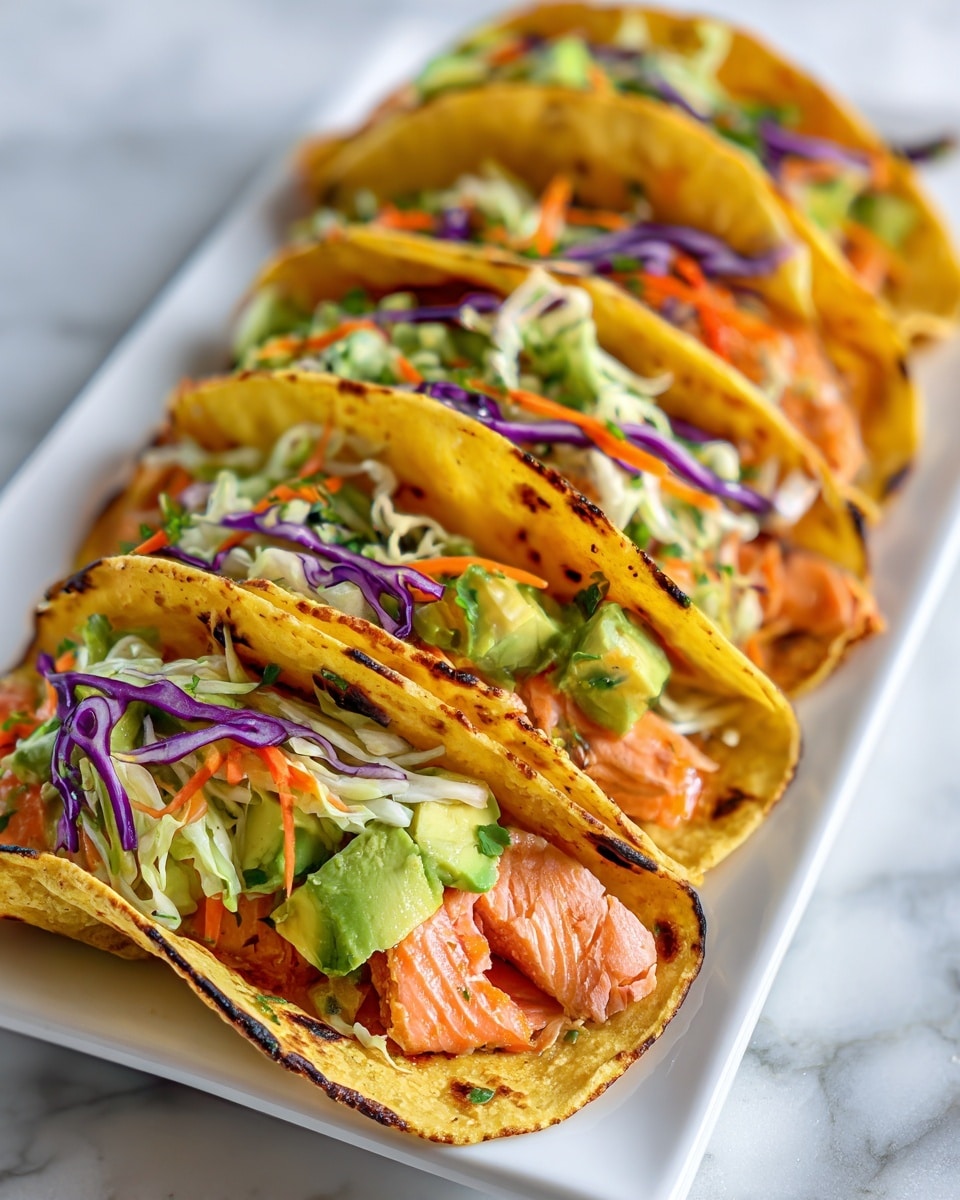 The image shows four tacos arranged side by side on a long white plate placed on a white marbled surface. Each taco has a slightly toasted, golden-yellow corn tortilla shell with some char marks. Inside each shell, the bottom layer is filled with thick pieces of cooked pink-orange salmon. On top of the salmon, there are chunks of light green avocado. The next layer has thin strips of shredded light green cabbage mixed with thin slices of purple onion and small orange carrot shreds, adding a fresh crunch. The layers show a colorful mix of warm and cool tones balanced inside each taco. photo taken with an iphone --ar 4:5 --v 7