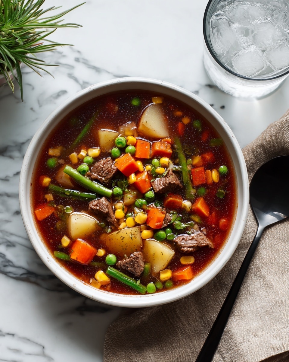 A white bowl filled with a clear brown broth soup containing distinct chunks of beef, orange carrot cubes, green peas, yellow corn kernels, green beans, red tomato pieces, and white potato wedges, spread evenly throughout the soup. The bowl is placed on a wooden surface with a beige patterned napkin partially under it. To the right of the bowl, there is a gray woven napkin with a black spoon resting on it. In the background, a glass with ice cubes and a green plant in a small silver pot are visible. The overall scene is bright and natural with a white marbled texture in place of the wood surface. photo taken with an iphone --ar 4:5 --v 7