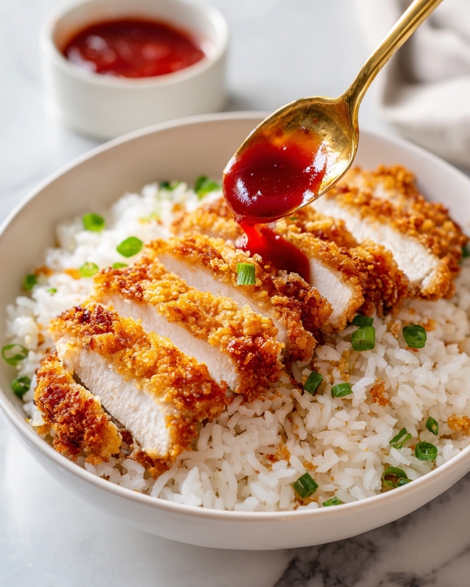 A white bowl filled with a base layer of fluffy white rice sprinkled with small green onion pieces, topped with sliced fried chicken breast arranged in a neat row, each piece showing a crispy golden-brown crust and tender white inside. A gold spoon is pouring bright red sauce over the top slices of the chicken. The setting is on a white marbled surface, with a small white bowl of extra red sauce blurred in the background. Photo taken with an iphone --ar 4:5 --v 7