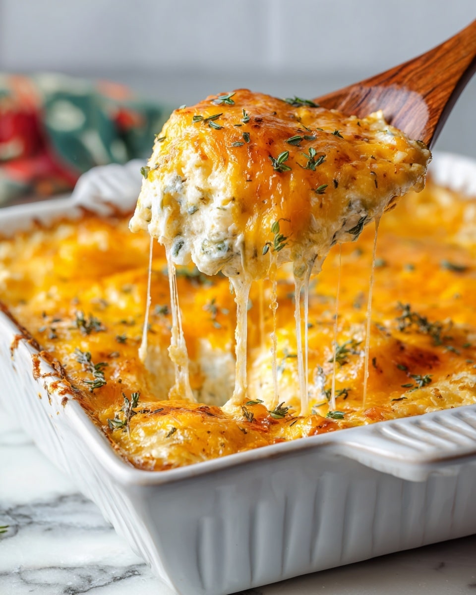 A white square dish filled with a baked cheesy casserole topped with one thick, even layer of melted bright orange cheese sprinkled with small green herbs. A wooden spoon lifts a portion from the dish, showing an inner layer of creamy white filling mixed with bits of green herbs, slightly textured and soft. Long stretchy cheese strands hang between the dish and the spoon, creating a gooey and melty look. The dish is placed on a white marbled textured surface with blurred green and red shapes in the background. photo taken with an iphone --ar 4:5 --v 7