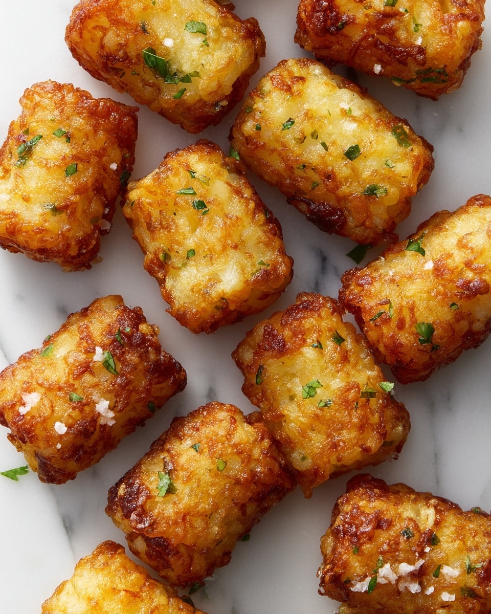 The image shows several golden-brown, crispy tater tots arranged closely on a white marbled surface. Each tater tot has a crunchy, rough texture with small flecks of green herbs and light grated cheese scattered over them. The tater tots are small, cylindrical, and unevenly shaped with a fried, slightly oily shine. The white marbled background contrasts with the warm golden color of the tots, enhancing their appetizing look. photo taken with an iphone --ar 4:5 --v 7