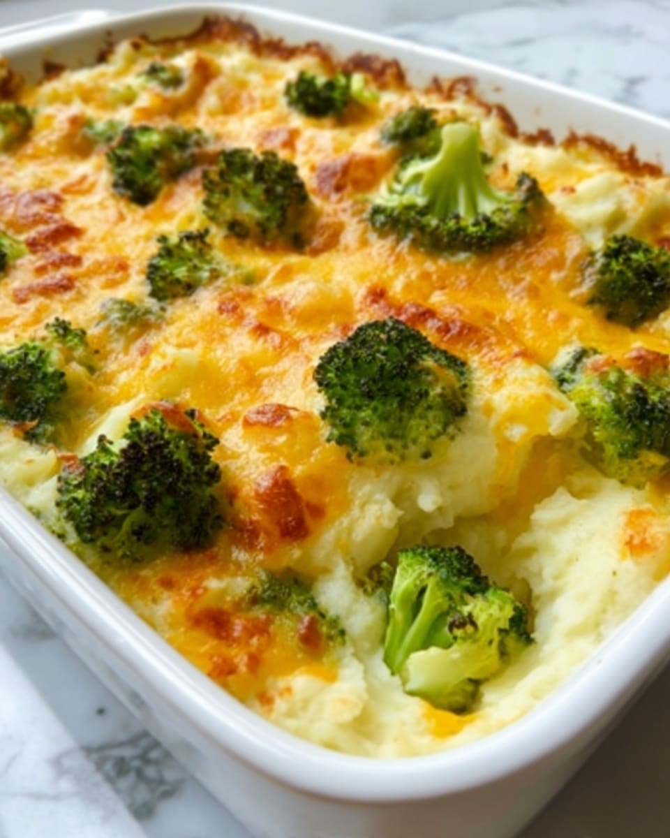 A white rectangular casserole dish filled with a baked layered broccoli and mashed potato dish. The bottom layer is creamy mashed potatoes with visible soft texture, topped with bright green steamed broccoli florets scattered evenly. The top layer is melted golden-brown cheese with a slightly crispy surface, covering most of the broccoli but leaving some florets visible. The casserole sits on a white marbled surface, showing a close-up view with warm lighting. Photo taken with an iphone --ar 4:5 --v 7