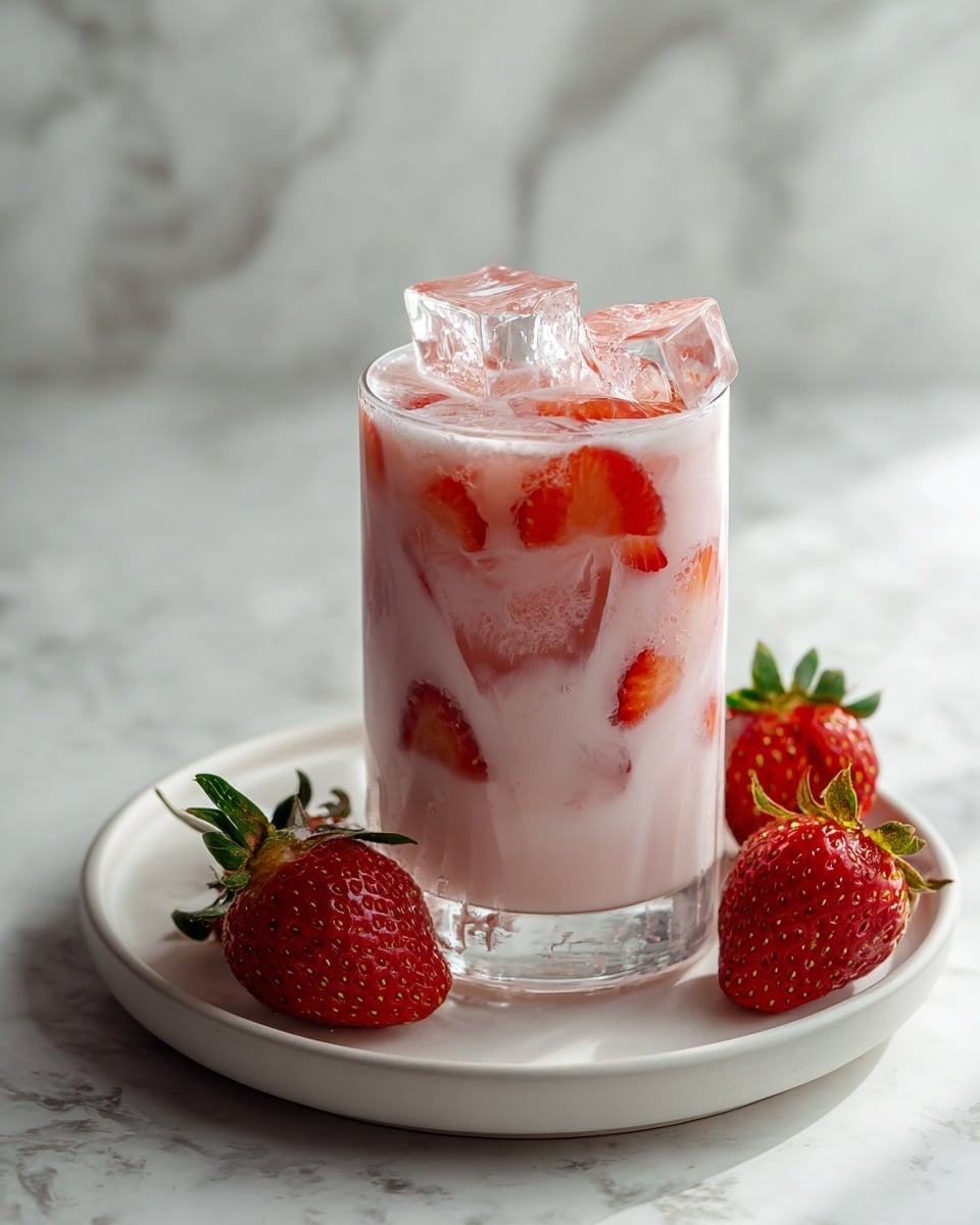 A clear glass filled with a creamy pink strawberry drink with small specks throughout, topped with ice cubes and slices of red strawberries visible inside and on top, sitting on a white round plate over a white marbled surface; three fresh whole strawberries are placed next to the plate. Photo taken with an iphone --ar 4:5 --v 7