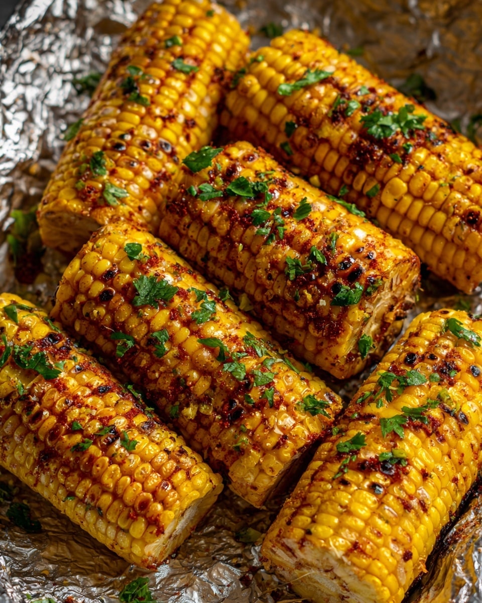The image shows a close-up of multiple pieces of cooked corn on the cob, arranged in a slightly overlapping manner. Each corn piece is golden yellow with some darker brown grill marks and a shiny glaze that suggests they were brushed with butter or oil. Small bits of green herbs, likely cilantro, are scattered on top and around the corn, adding a fresh contrast to the warm colors. The corn is placed on a crinkled layer of foil that has some browned and oily spots, showing the roasting process. The whole scene rests on a white marbled surface. photo taken with an iphone --ar 4:5 --v 7