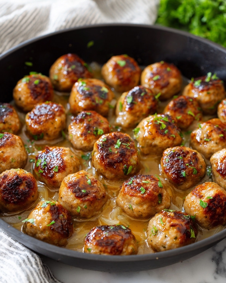 Round golden-brown meatballs are arranged closely in a black skillet, each with a shiny glaze of thick light brown sauce that pools slightly at the bottom. Thin, soft-looking, translucent cooked onion slices are scattered among the meatballs. Small pieces of fresh green herbs are sprinkled on top, adding a touch of color contrast. The skillet sits on a white marbled surface with a white and gray striped cloth nearby and out-of-focus green herbs in the background. The lighting highlights the moist texture and caramelized spots on the meatballs. photo taken with an iphone --ar 4:5 --v 7
