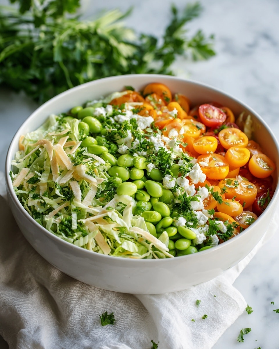 A white bowl filled with a fresh salad showing three main layers: the bottom layer is a mix of light green shredded lettuce and chopped parsley leaves, the middle layer has bright green edamame beans scattered evenly, and the top layer is decorated with halved small orange cherry tomatoes and small white cheese crumbles. Thin beige strips, possibly tortilla or cheese, are mixed throughout the salad adding texture. The bowl sits on a white marbled surface with a white cloth napkin partially under it, and blurred parsley leaves can be seen in the background. Photo taken with an iphone --ar 4:5 --v 7