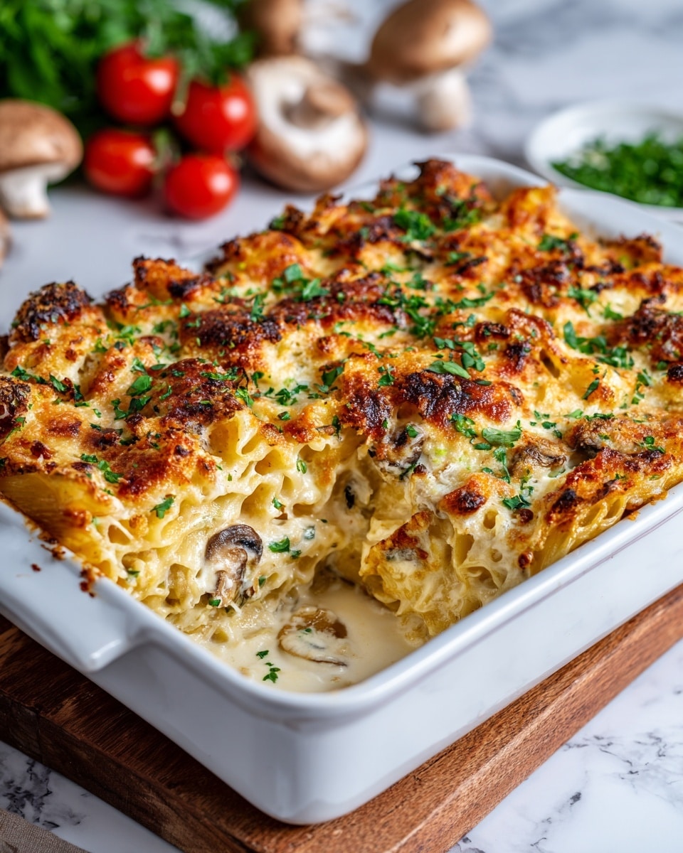 The image shows a baked dish in a white rectangular casserole dish with a golden-brown crust on top. The top layer is made of melted cheese and breadcrumbs, with a crispy, slightly bubbly texture and some small browned spots. Fresh green chopped herbs are sprinkled across the surface, adding color contrast. Beneath the crust, there are visible layers of creamy white sauce mixed with soft, cooked mushrooms and pieces of pasta, all topped by the browned, crunchy top. The dish is placed on a wooden board on a white marbled surface, with some out-of-focus vegetables like cherry tomatoes and mushrooms in the background. photo taken with an iphone --ar 4:5 --v 7
