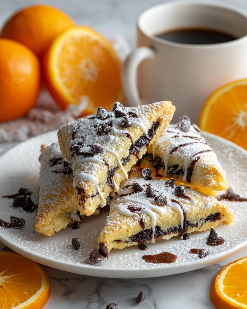 The image shows three pieces of pastry cut in half on a dark plate, each piece with two layers: a golden-brown baked outer crust that looks soft and crumbly, and a thick, rich dark chocolate filling in the center. The top of the pastries is drizzled with white icing and sprinkled with powdered sugar and small chocolate chips. The dark plate sits on a white marbled surface with some chocolate chips and spots of melted chocolate around. In the background, there are a few whole and sliced bright orange oranges alongside a white cup filled with a dark liquid. photo taken with an iphone --ar 4:5 --v 7