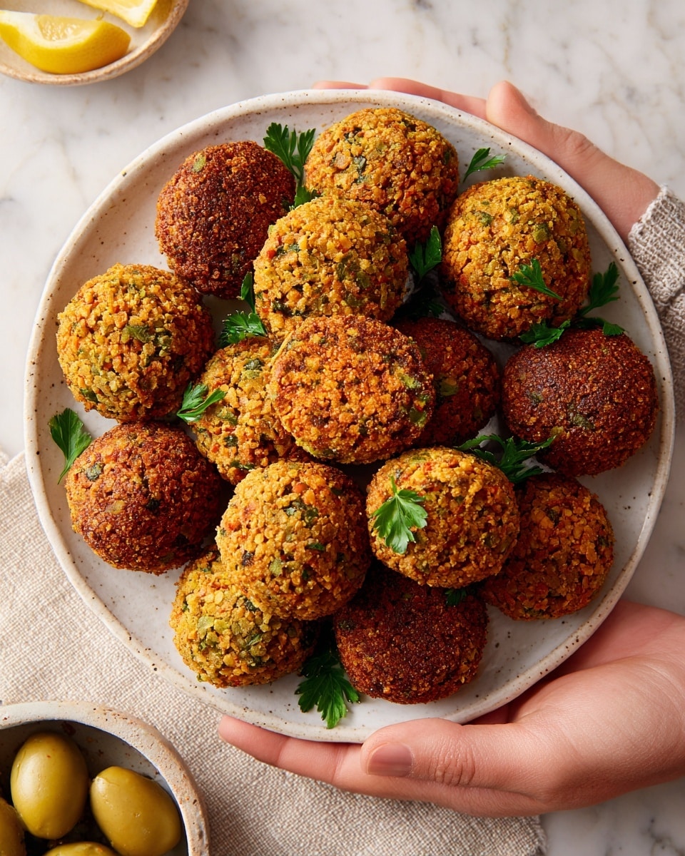 A white ceramic plate filled with about fourteen falafel balls, each round and golden brown with crispy textured crusts varying slightly in color, ranging from dark brown to light golden. The falafels have a coarse, grainy texture with visible bits of green herbs and small orange lentil pieces inside. A few small green parsley leaves are scattered on top of the falafels for garnish. The plate rests on a light beige cloth on a white marbled surface, with one woman's hand gently holding the edge of the plate. In the background, partially visible, is a small bowl with green olives and lemon slices. photo taken with an iphone --ar 4:5 --v 7