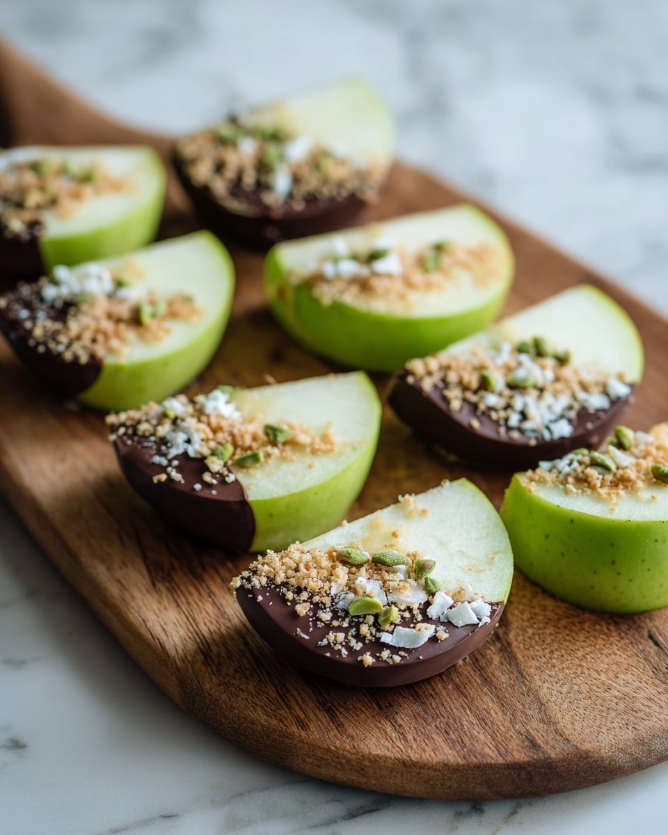 Seven green apple slices are placed on a wooden board over a white marbled surface. Each apple slice is half-coated with a smooth layer of dark chocolate on one side. On top of the chocolate layer, there are small white shredded flakes, light brown crumbles, and green seeds sprinkled as toppings. The colors create a nice contrast with the green apple, dark chocolate, and various light toppings. Photo taken with an iphone --ar 4:5 --v 7
