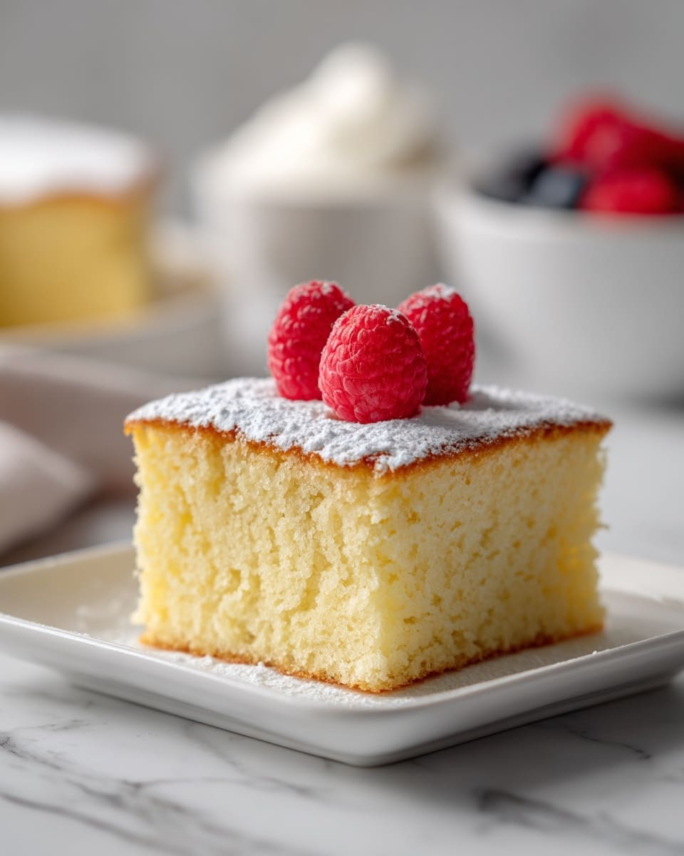 A single square piece of yellow sponge cake with a soft, airy texture sits on a white rectangular plate. The top of the cake is lightly dusted with white powdered sugar, and three fresh red raspberries are placed in the center on top. The background features a white marbled surface with blurred bowls of berries and whipped cream in the distance, adding soft, bright colors to the scene. Photo taken with an iphone --ar 4:5 --v 7