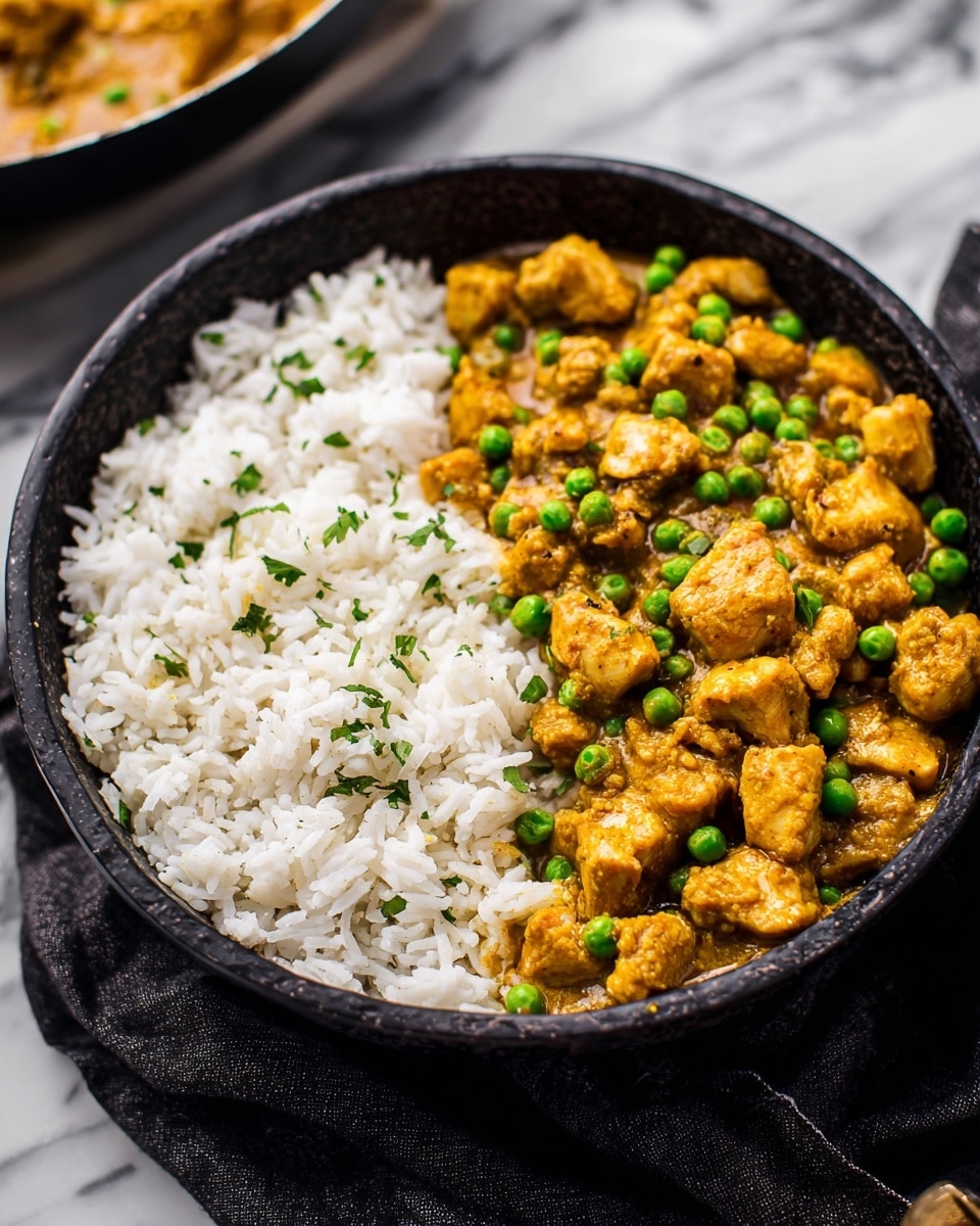 A black bowl holds a dish with two main layers: on one side, there is a layer of plain white rice with distinct fluffy grains; on the other side, there is a thick curry with golden-brown chunks of chicken and bright green peas scattered all over. The curry sauce looks smooth and shiny, coating the chicken pieces well. The bowl rests on a dark fabric, placed on a white marbled surface. photo taken with an iphone --ar 4:5 --v 7