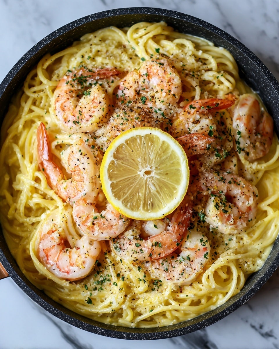 The dish features a single layer of thick, creamy yellow spaghetti noodles arranged in a pan, topped with a generous layer of cooked shrimp that are light pink with brighter orange tails. The shrimp are sprinkled with finely chopped green herbs and black pepper, adding specks of green and dark contrast. At the top center is a bright yellow lemon wedge resting on the shrimp, enhancing the fresh look of the dish. The pan has a black rim, and the background is a white marbled texture. Photo taken with an iphone --ar 4:5 --v 7