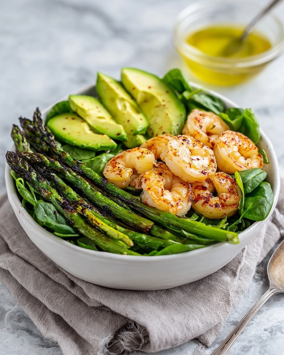 A white bowl filled with a fresh salad featuring three main layers: the bottom layer is dark green spinach leaves, the middle layer consists of bright green avocado slices scattered across, and the top layer is made of grilled shrimp with a light pink color, sprinkled with red seasoning, and several charred green asparagus spears placed over the shrimp and avocado. The bowl sits on a light gray cloth on a white marbled surface, with a small clear bowl in the background holding a yellow dressing and a silver spoon. Photo taken with an iphone --ar 4:5 --v 7