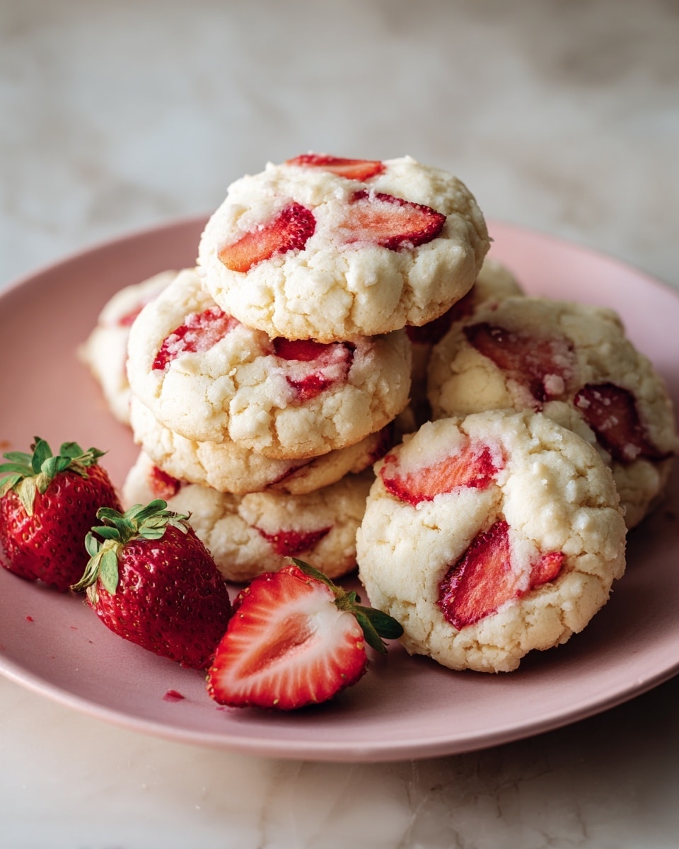 A round pink plate holds a stack of about seven cookies covered with pieces of red strawberry slices baked into the creamy light beige dough, with a crumbly texture on top. Around the plate, there are three halved fresh strawberries with bright red flesh and green leaves at their tops. The plate rests on a white marbled surface with soft lighting highlighting the texture and colors. photo taken with an iphone --ar 4:5 --v 7