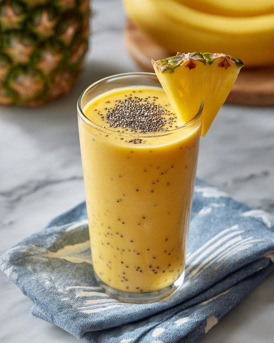 A tall clear glass filled with a thick, smooth yellow-orange smoothie with small black specks throughout. The top layer is sprinkled with tiny black chia seeds, adding a slightly rough texture. On the rim of the glass, a fresh yellow pineapple wedge with rough brown edges is placed, leaning inward. The glass sits on a folded blue and white striped cloth, on a white marbled surface with blurred bananas and a pineapple in the background. photo taken with an iphone --ar 4:5 --v 7