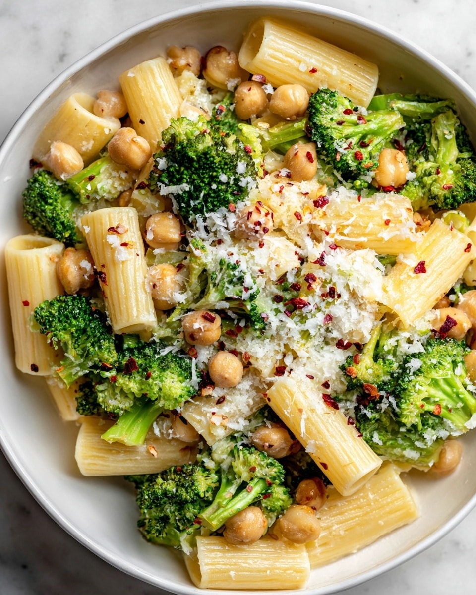 A close-up of a white bowl filled with pasta rigatoni mixed with bright green broccoli florets and light brown chickpeas. The rigatoni are pale yellow with a smooth texture, the broccoli looks fresh and slightly crispy with a vibrant green color, and the chickpeas are round and soft. The dish is sprinkled with grated white cheese and small bits of red chili flakes, giving a speckled look across the top. The bowl is sitting on a white marbled surface with a soft light highlighting the details. photo taken with an iphone --ar 4:5 --v 7