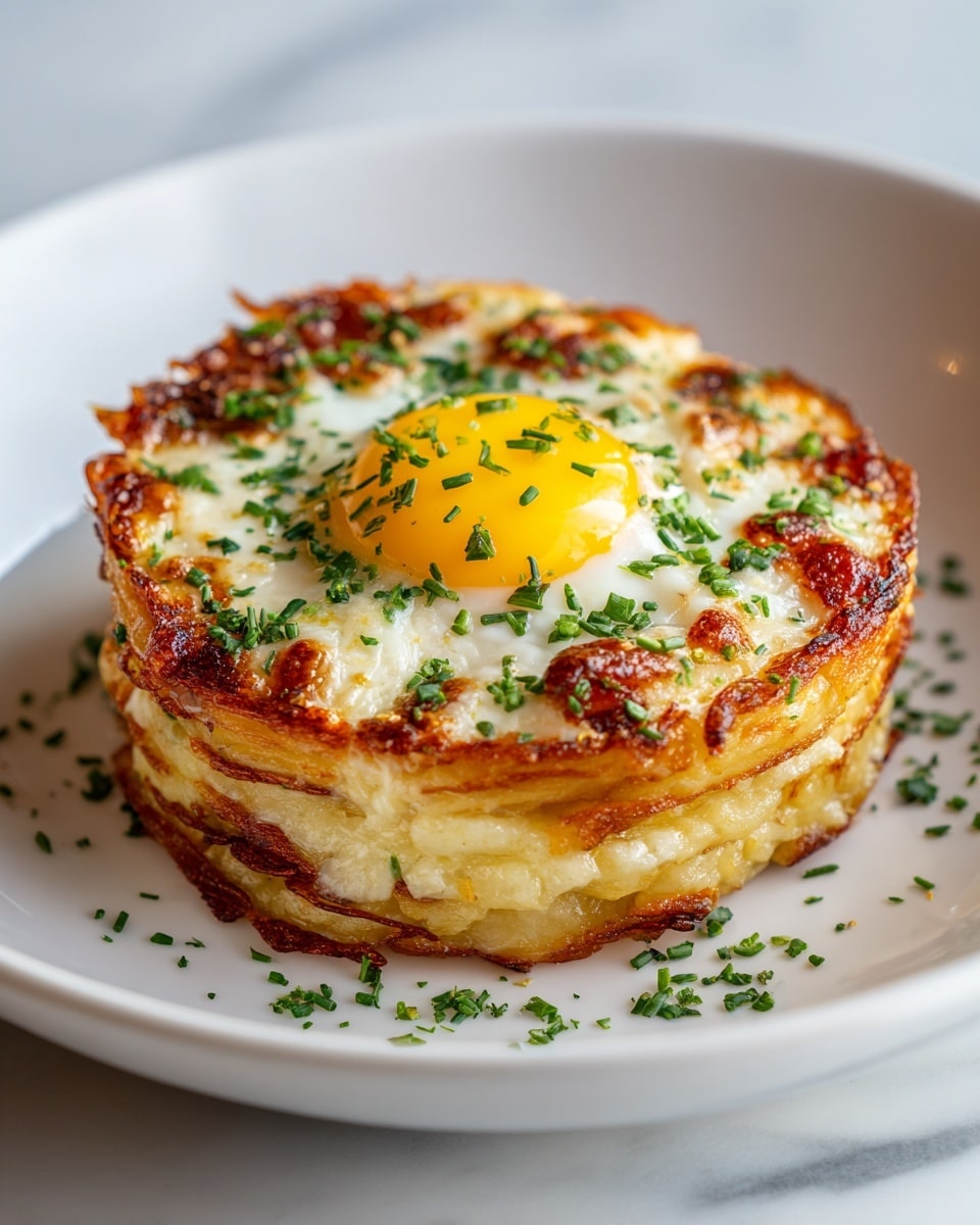 The dish shows a round, thick stack with three visible layers of golden-brown crispy edges and creamy melted cheese in between. On the top layer, a perfectly cooked sunny-side-up egg with a bright yellow yolk sits in the center, surrounded by white melted cheese that looks soft and gooey with some browned spots. The dish is sprinkled with finely chopped green herbs, adding a fresh touch of color. It is served in a deep white plate placed on a white marbled surface. Photo taken with an iphone --ar 4:5 --v 7