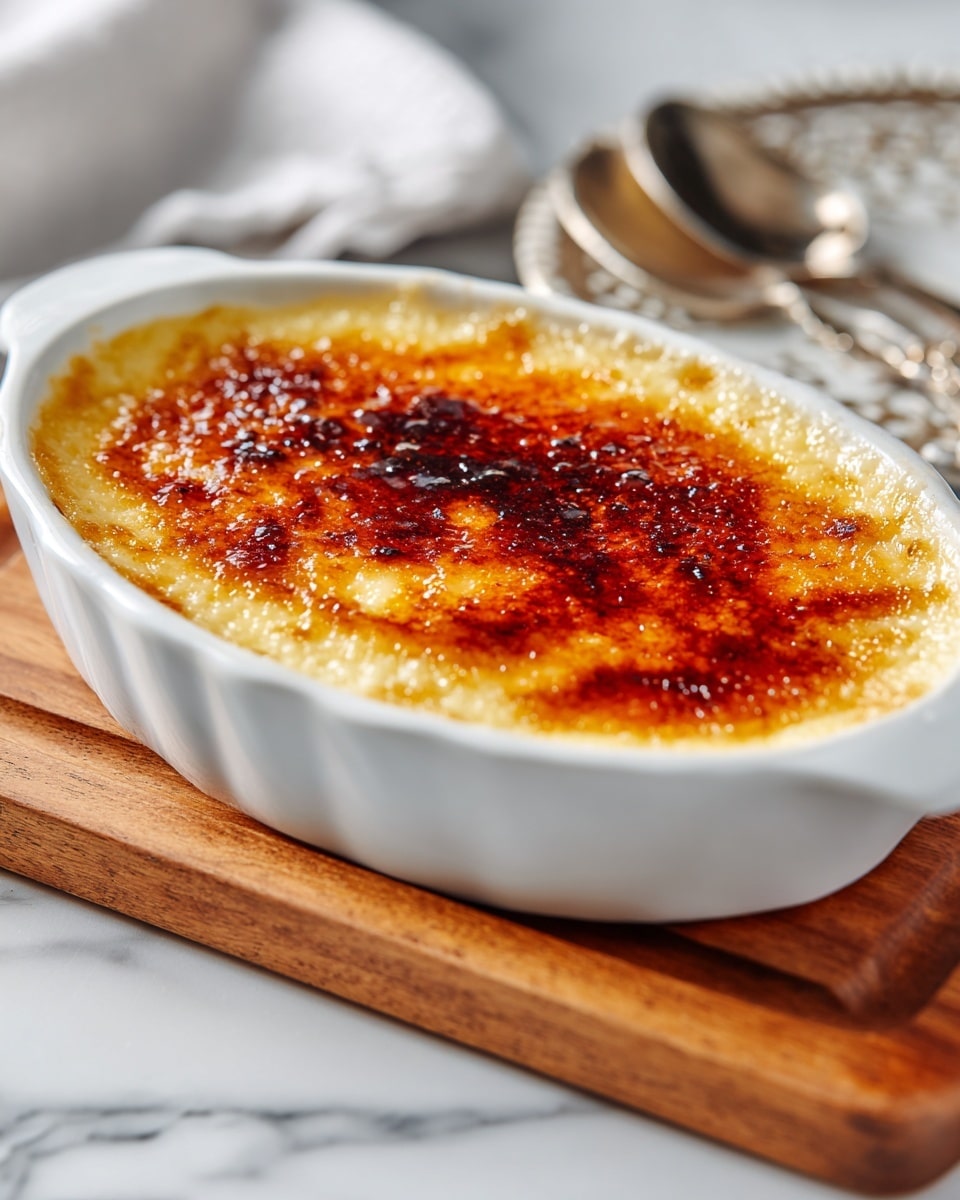 The image shows a white oval ceramic dish filled with creamy rice pudding that has a golden brown, burnt sugar crust on top with a slightly uneven, caramelized texture. The dish is placed on a wooden board with a white marbled surface underneath. In the background, there is a blurred glimpse of a metal spoon and a patterned silver plate. The creamy texture of the rice pudding is visible beneath the crispy caramelized layer, making the dish look warm and inviting. Photo taken with an iphone --ar 4:5 --v 7