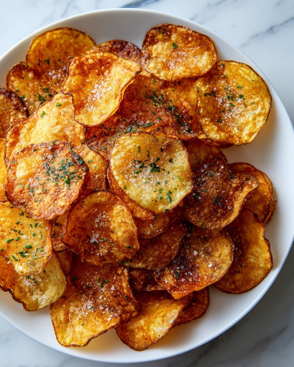 A close-up of a pile of thin, round, golden-brown potato chips with crispy edges, layered unevenly inside a white bowl. The chips have a slightly rough texture with visible black and green herbs sprinkled all over, giving a speckled look. The surface shows some salt crystals adding a shiny finish to the chips. The white bowl contrasts with the rich golden color of the chips, and the background is a white marbled texture. photo taken with an iphone --ar 4:5 --v 7
