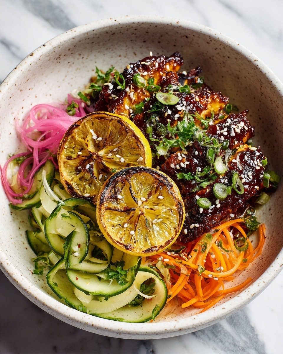 A white speckled bowl holds a dish with three main layers: the bottom layer is a mix of thinly sliced green cucumber ribbons, shredded orange carrot, and pink pickled onion strips, all fresh and crunchy; on top are two golden-brown grilled lemon slices with light char marks, placed near the edges of the bowl; the top layer features thick slices of richly glazed crispy chicken with a dark, shiny sauce and sprinkled with white sesame seeds and chopped green onions, creating a textured and colorful contrast against the fresh vegetables, all set on a white marbled surface. photo taken with an iphone --ar 4:5 --v 7