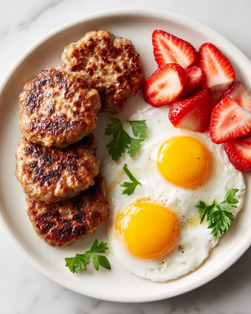 A white round plate sits on a white marbled surface, holding four golden-brown sausage patties stacked slightly overlapping on the left side, their texture crispy with dark grill marks. To the right, two sunny-side-up eggs with bright yellow yolks and white edges are garnished with fresh green parsley. In the top part of the plate, there are several sliced strawberries showing their red interior, along with two whole strawberries nearby. The colors are warm and inviting, with a mix of golden, white, red, and green. photo taken with an iphone --ar 4:5 --v 7