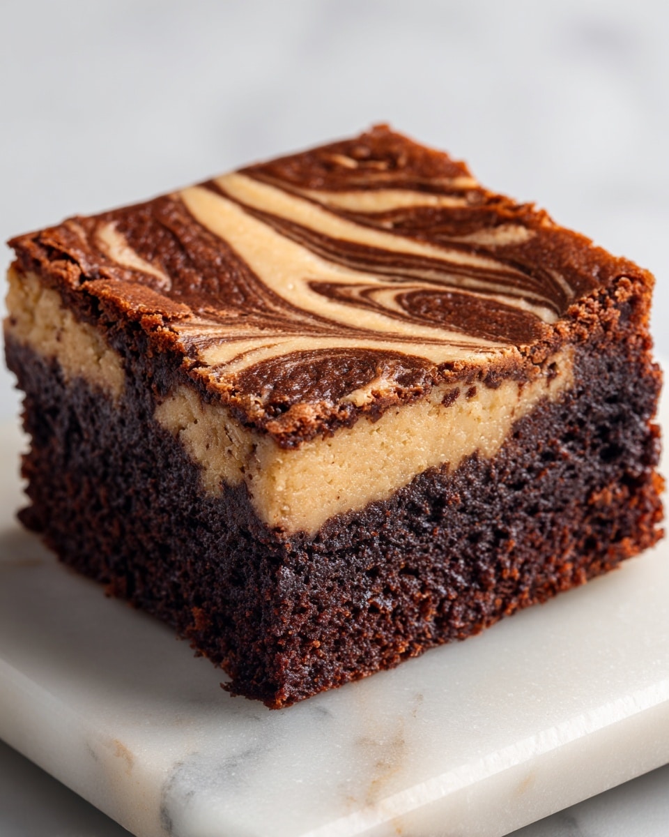 The image shows a close-up of a square chocolate brownie with two distinct layers. The bottom layer is thick, rich, and dark brown with a dense and moist texture. The top layer is a lighter tan color, swirled with darker brown lines creating a marbled effect, looking smooth and creamy. The brownie is cut neatly with sharp edges, placed on a white marbled surface. Photo taken with an iphone --ar 4:5 --v 7
