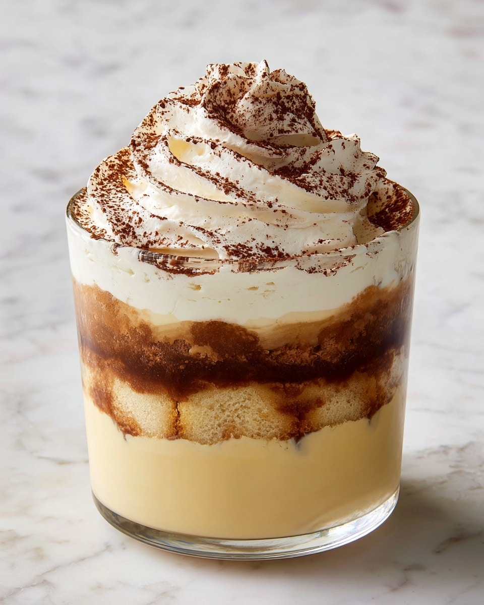 The image shows a clear glass filled with a layered dessert. At the bottom is a light cream layer, smooth and pale yellow. Above it, a layer of small, round cake pieces soaked in coffee, dark brown with a soft texture. This is followed by another thick layer of the pale yellow cream, creamy and even. On top is a swirl of whipped cream, white and fluffy, decorated with a dusting of fine cocoa powder, dark brown and soft. The background is a white marbled texture. photo taken with an iphone --ar 4:5 --v 7