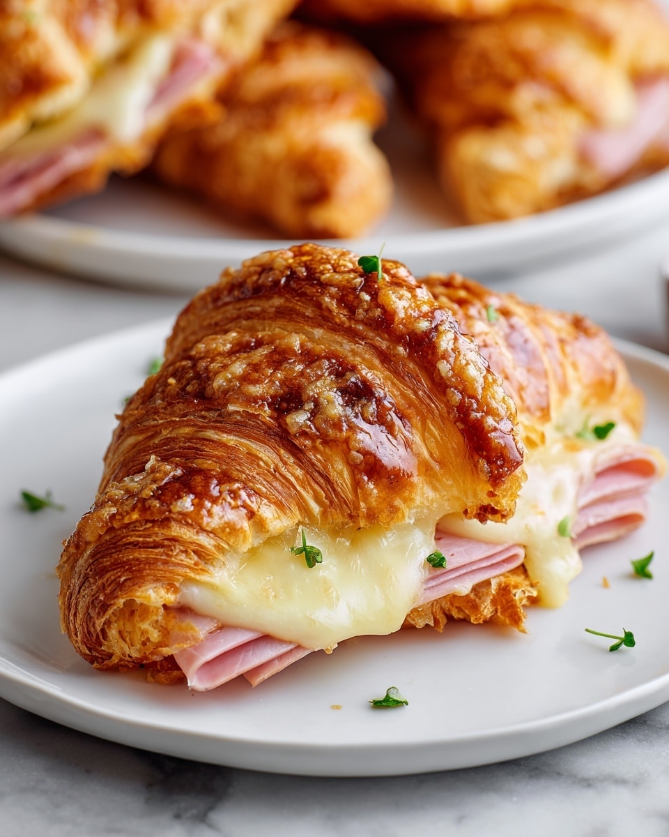 A crispy golden-brown croissant with five visible flaky layers on the outside, topped with crunchy sugar crystals and a small green herb leaf. Inside, there are two layers: a light pink ham folded neatly and a creamy, melted pale yellow cheese dripping slightly over the ham. The croissant sits on a white plate with tiny green herb leaves scattered around, all placed on a white marbled textured surface. Photo taken with an iphone --ar 4:5 --v 7