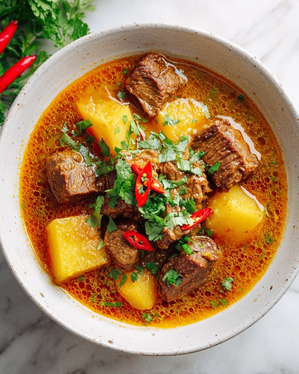 A bowl of rich beef stew with large chunks of brown beef and yellowish potato pieces submerged in a thick, orange-brown sauce with visible oil bubbles on the surface. The stew is garnished on top with bright green chopped cilantro leaves and small slices of fresh red chili peppers. The bowl is white with a subtle speckled pattern and sits on a white marbled surface with a blurred hint of green parsley and red chili peppers in the background. photo taken with an iphone --ar 4:5 --v 7