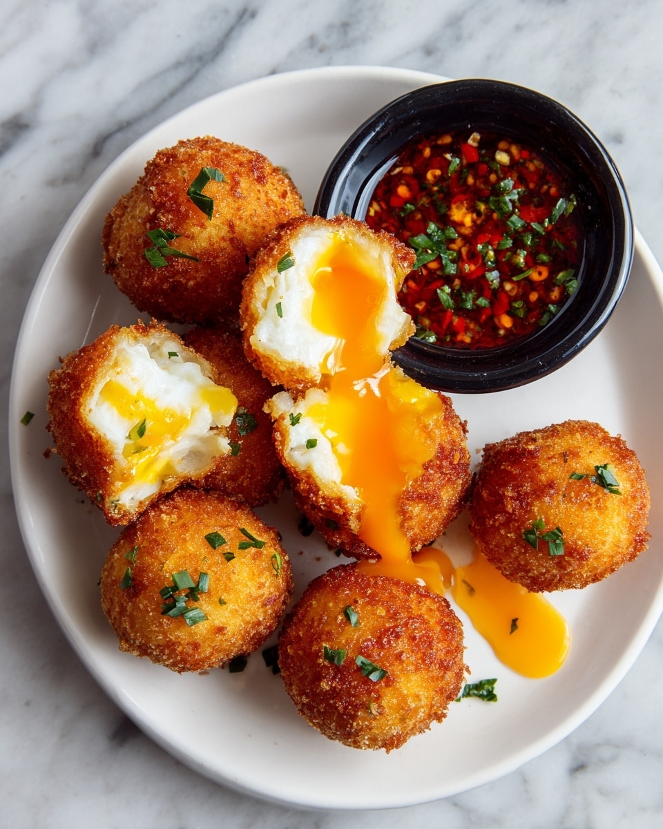 The image shows six golden fried balls with a crispy, textured crust, garnished with fresh chopped green herbs on top. One ball is cut open to reveal a soft white interior with a bright orange liquid in the center, dripping onto the white marbled surface. They are placed in a round white plate holding a small black bowl of dark red sauce with green herbs and chili flakes floating on the surface. The plate rests on a white marbled texture background. photo taken with an iphone --ar 4:5 --v 7