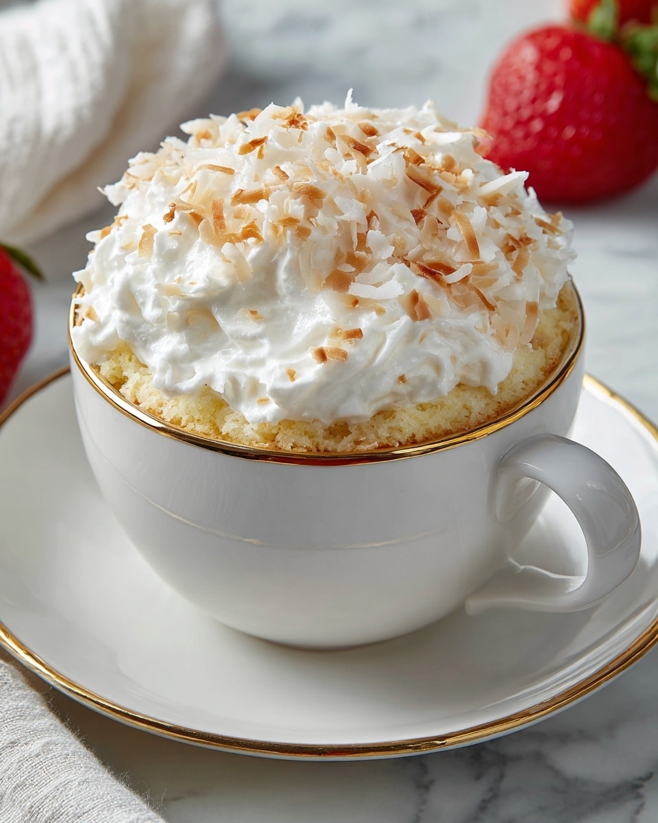 A white cup with a gold rim holds a single-layer light yellow cake topped with a thick layer of white whipped cream. The whipped cream is sprinkled with toasted coconut flakes that are light brown and white, adding texture on the top. The cup sits on a matching white saucer on a white marbled surface, with a blurred red strawberry in the background and part of a white cloth visible near the front. photo taken with an iphone --ar 4:5 --v 7