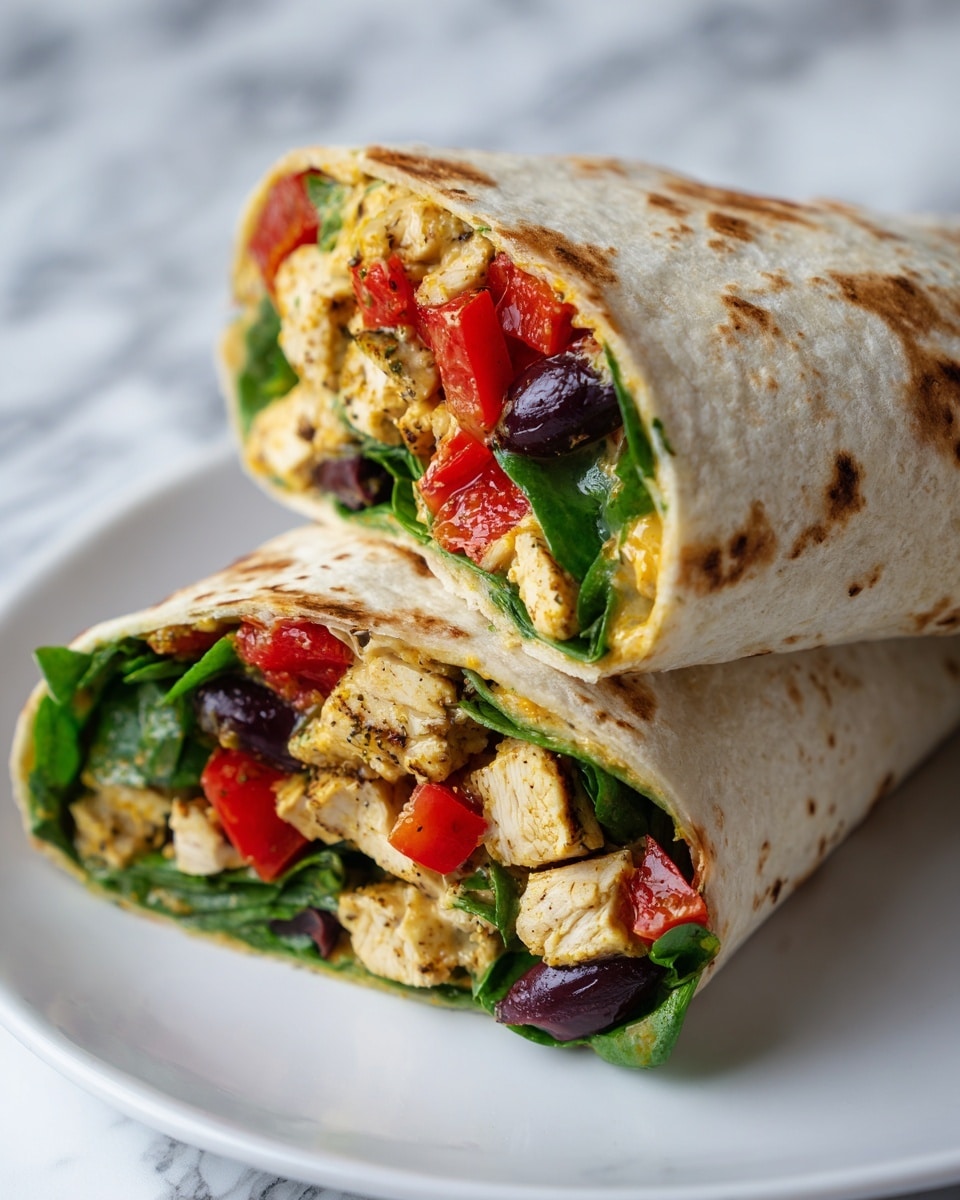 A close-up view of a wrap sandwich sliced to show its filling, with a lightly toasted white flour tortilla layer on the outside. Inside, the first layer consists of chunks of grilled chicken, beige with char marks, mixed with diced red tomatoes adding bright spots of color. This sits on a layer of green spinach leaves, while dark purple olives are scattered throughout. The filling looks moist and fresh, tightly packed within the tortilla. The wrap is placed on a white plate over a white marbled surface. Photo taken with an iphone --ar 4:5 --v 7