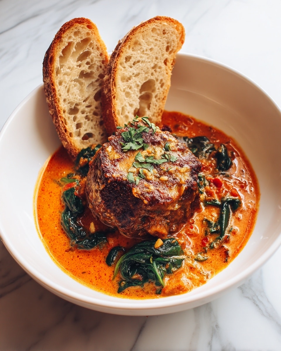 A white bowl holds a round, browned piece of meat that looks crispy on the outside, sitting on top of a thick orange-red sauce with bits of vegetables mixed in. Under and around the meat, there are wilted dark green leaves, possibly spinach, visible through the sauce. On the side of the bowl, two slices of toasted light brown bread lean against the meat, showing their airy, soft inside and crunchy crust. The whole scene is set against a white marbled surface. Photo taken with an iphone --ar 4:5 --v 7