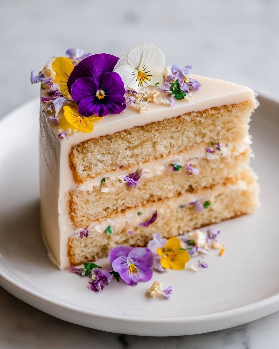 A slice of three-layer vanilla cake with a light creamy frosting between each layer and on top is shown on a white plate. The cake layers are golden with a soft texture, and the smooth frosting is light beige. The middle frosting layer has tiny colorful edible flower petals scattered inside. The top of the cake is decorated with whole edible flowers in purple, yellow, and white. The slice sits on a white marbled surface. photo taken with an iphone --ar 4:5 --v 7