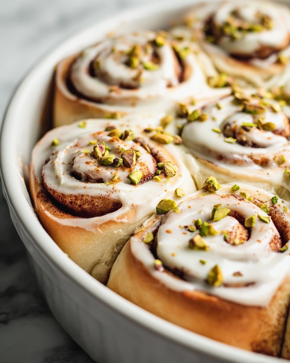 Close-up view of soft cinnamon rolls arranged tightly in a white baking dish, each roll showing its spiral shape with layers of light golden brown dough and dark cinnamon filling. The rolls are topped with thick, creamy white icing spread evenly, holding a sprinkle of chopped green pistachios and tiny bits of cinnamon powder on the surface, creating a textured, colorful contrast. The background has a soft white marbled texture, focusing on the warm, inviting details of the sweet rolls. photo taken with an iphone --ar 4:5 --v 7