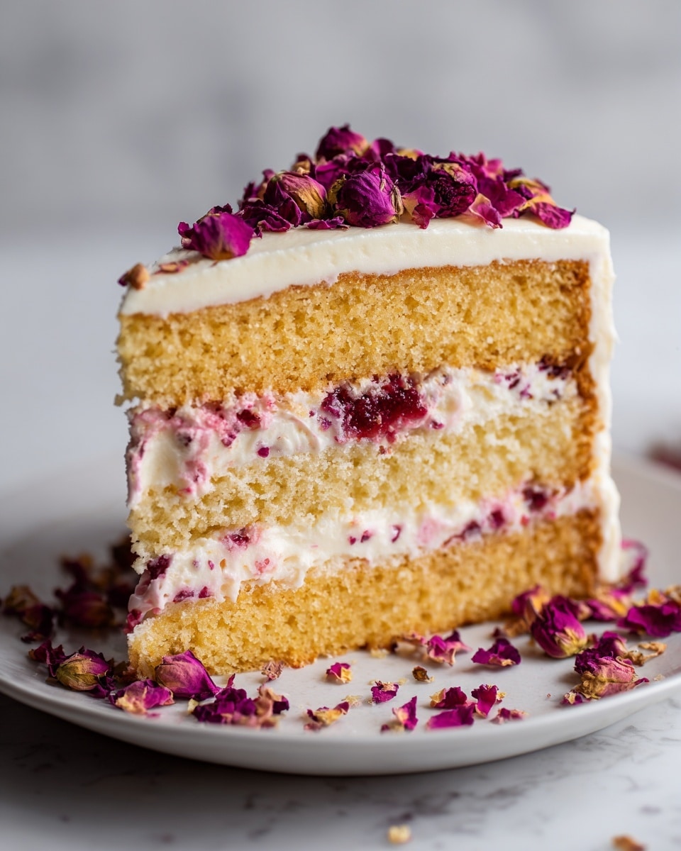 A close-up of a slice of layered cake on a white plate with a white marbled texture underneath. The cake has three layers: the bottom and middle layer are golden sponge cake with a soft, airy texture, separated by a thick middle layer of creamy white and pink frosting mixed with bits of red fruit or jam. The top layer is a thick, smooth white frosting crowned with dried rose petals in shades of deep pink and purple, some petals scattered on the plate around the cake. The image is bright and detailed, emphasizing the textures and colors of the cake and petals. photo taken with an iphone --ar 4:5 --v 7