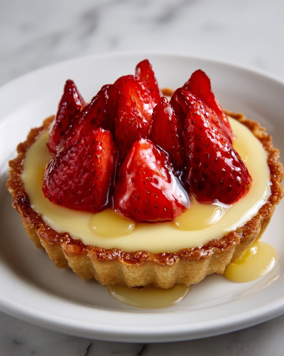 A small tart with a golden-brown, crumbly crust sits on a white plate over a white marbled surface. The tart has one thick layer of pale yellow custard filling that is smooth and glossy. On top, there are multiple bright red strawberry halves arranged in a circle, standing upright with juicy textures and visible seeds. A shiny, light yellow sauce is drizzled over the strawberries and custard, flowing down in thin rivers, adding a glossy finish. Photo taken with an iphone --ar 4:5 --v 7