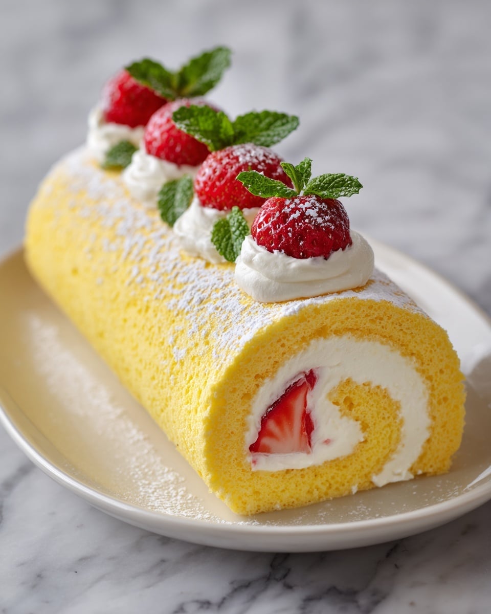 The image shows a yellow Swiss roll cake on a white plate, placed on a white marbled surface. The cake has one visible spiral layer with a thick smooth white cream filling inside. On top of the roll are small white cream dollops spaced evenly, each topped with a bright red strawberry and a small green mint leaf. The cake’s outer layer looks soft and spongy, dusted lightly with white powdered sugar. Photo taken with an iphone --ar 4:5 --v 7